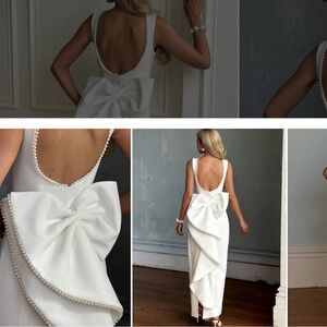 Elegant White Pearl-Trim Back-Bow Evening Dress Gorgeous